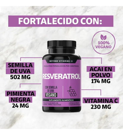 RESVERATROL 100% Vegano Con Pimienta Negra 180 Cápsulas Sin Sabor